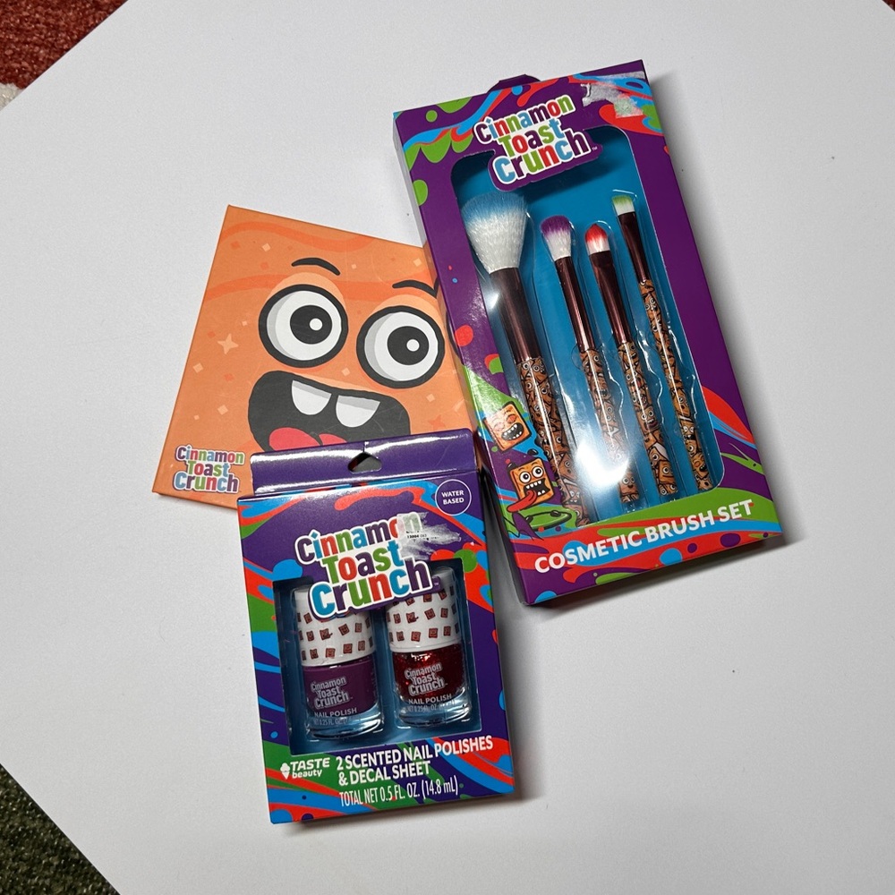 Cinnamon toast, crunch, cosmetic brush set nail polish and eyeshadow set